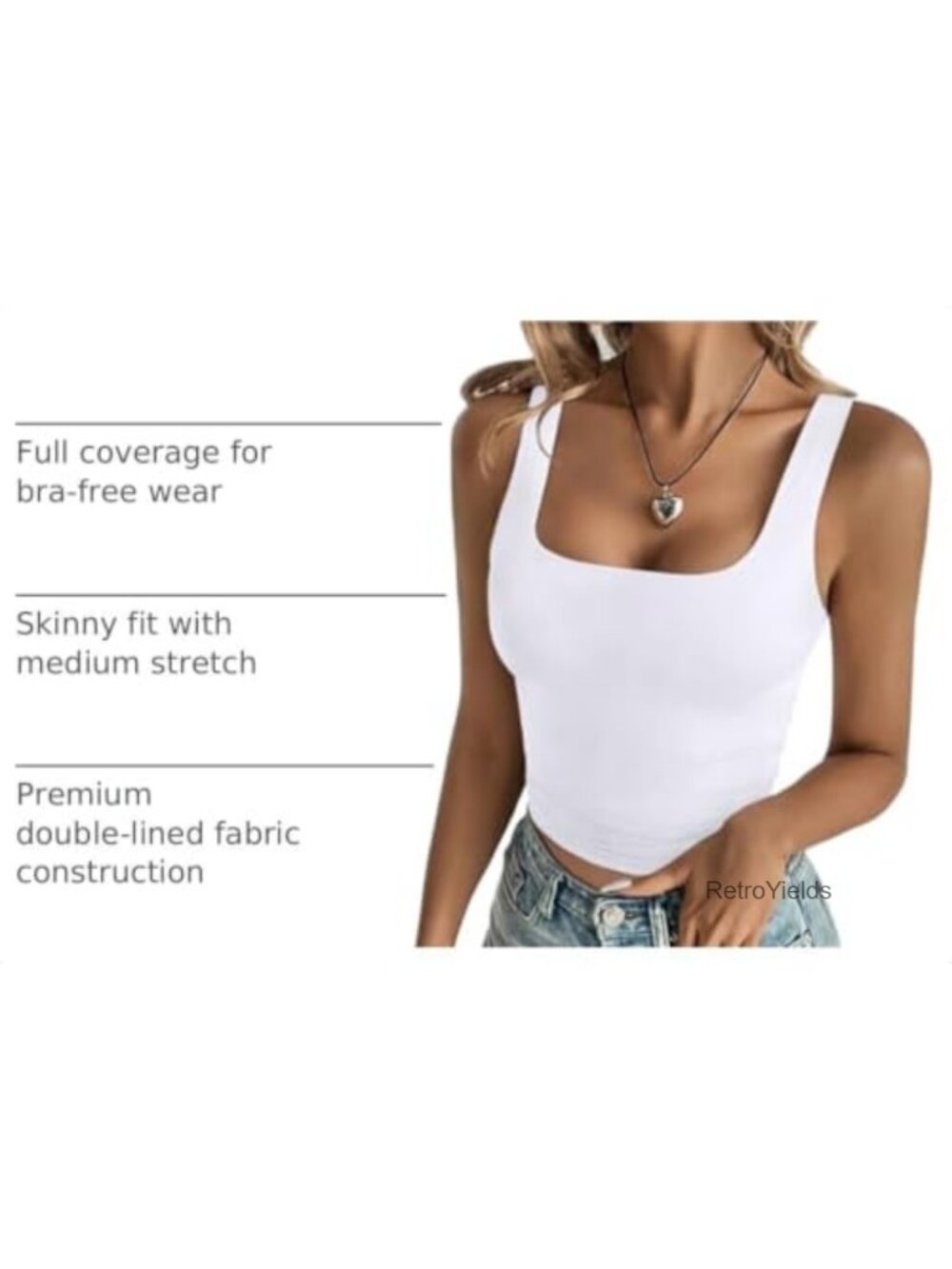 Sleeveless Square Neck Crop Tank Top Double Lined Fitted Summer Basic - Picture 2 of 6